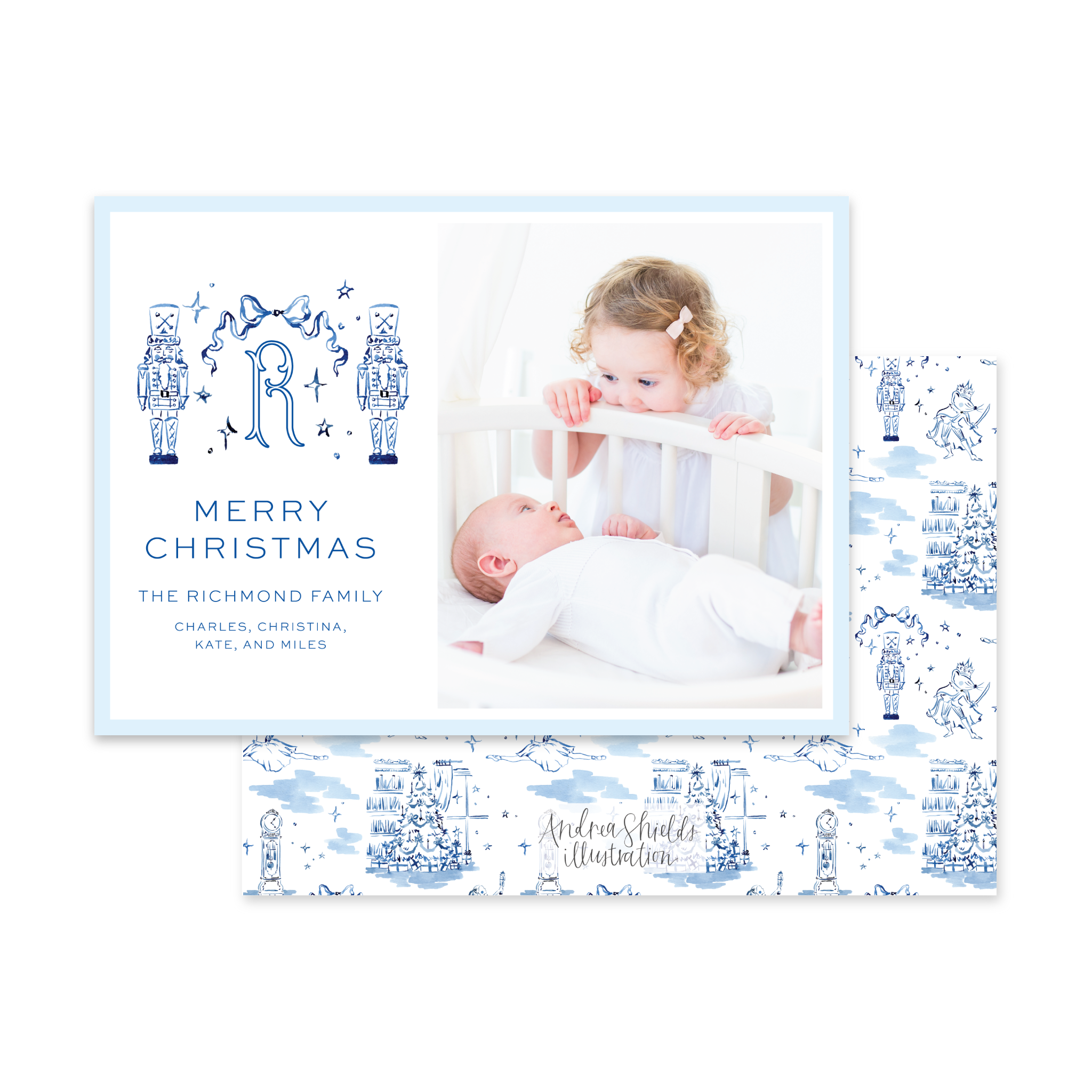 Nutcracker Crest Blue Horizontal | Holiday Photo Card