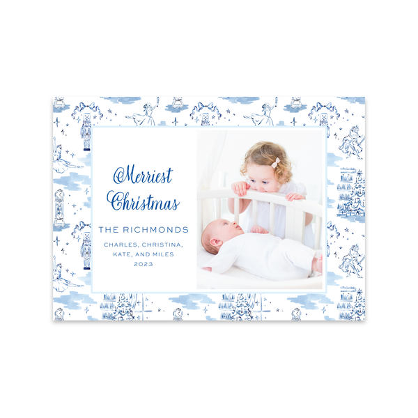Nutcracker Pattern Blue Horizontal | Holiday Photo Card