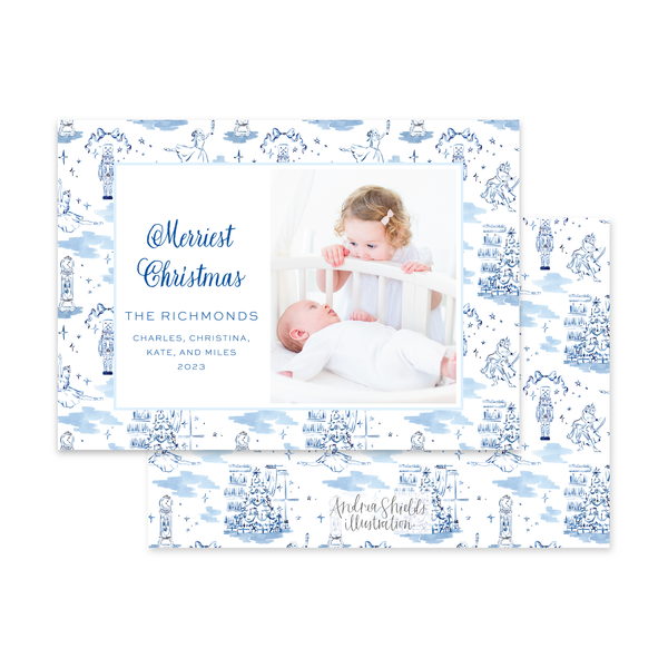 Nutcracker Pattern Blue Horizontal | Holiday Photo Card