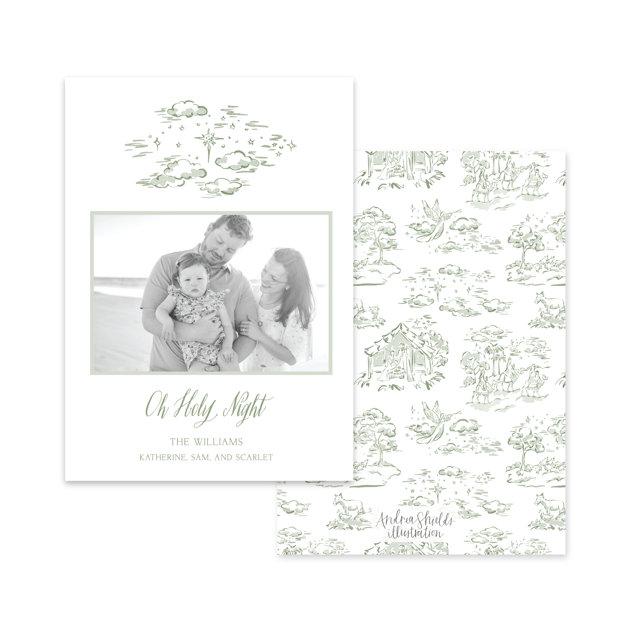 Nativity Toile Holy Night Green | Holiday Cards