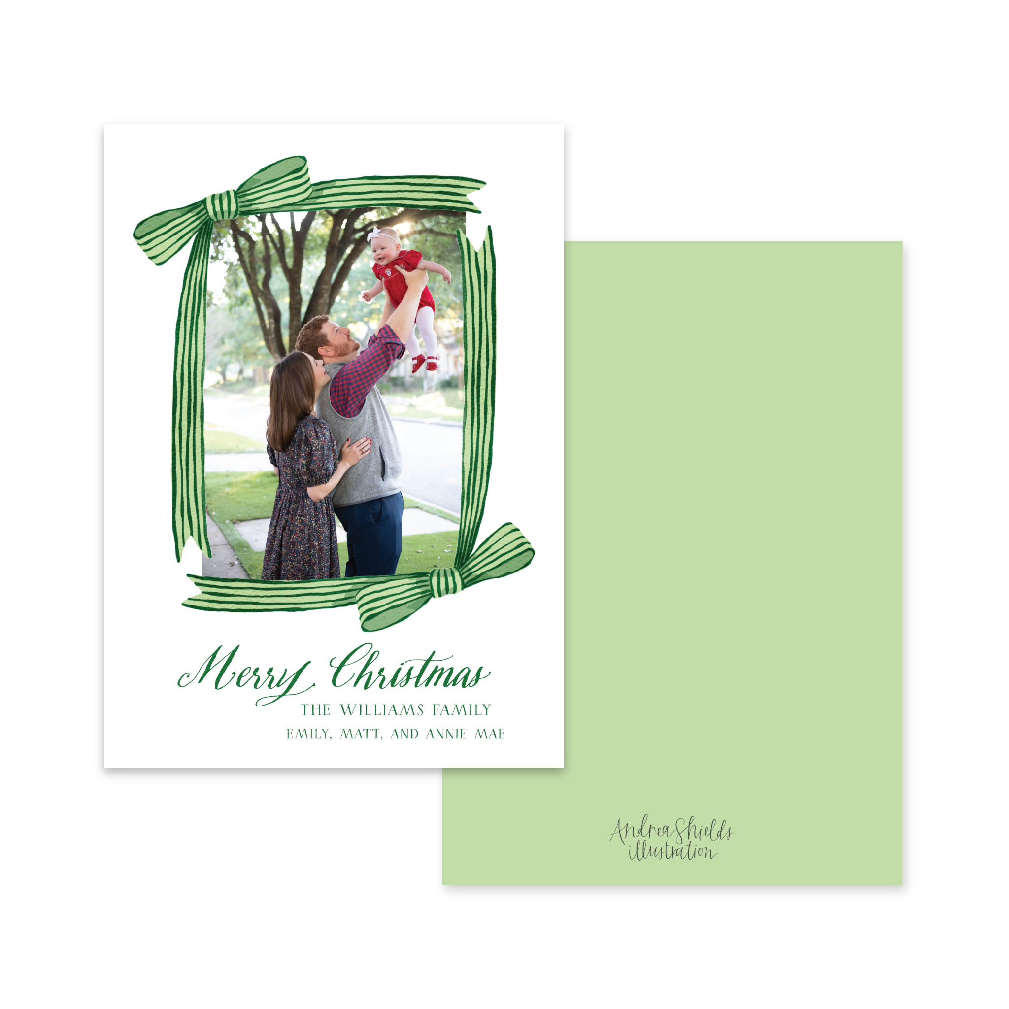 Striped Bow Frame Green | Holiday Cards
