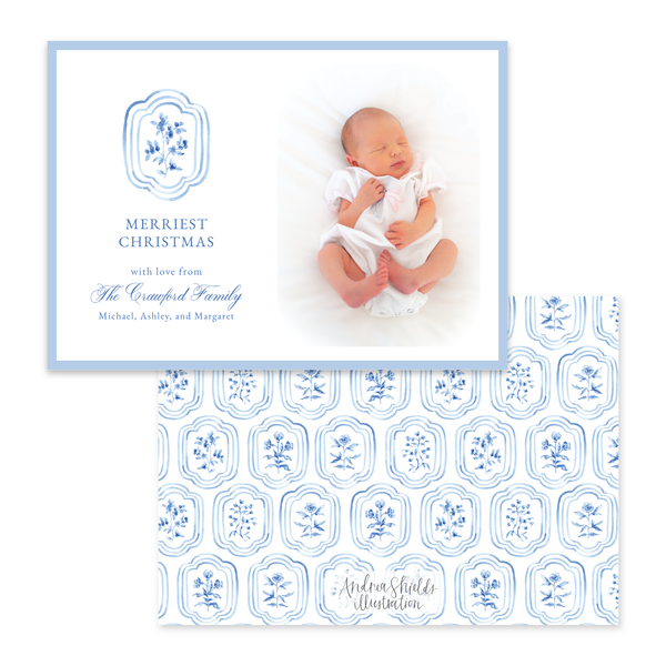 Sweet Blue Block Print Simple Horizontal | Holiday Photo Card