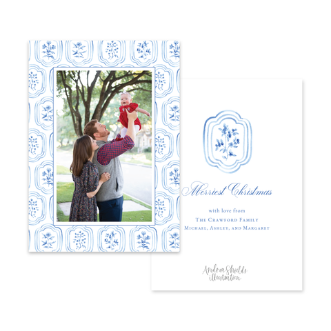 Sweet Blue Block Print Border Vertical | Holiday Photo Card
