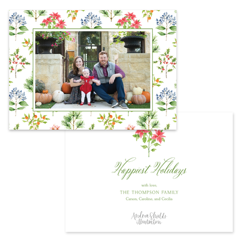 Holiday Botanical White Pattern Horizontal | Holiday Photo Card
