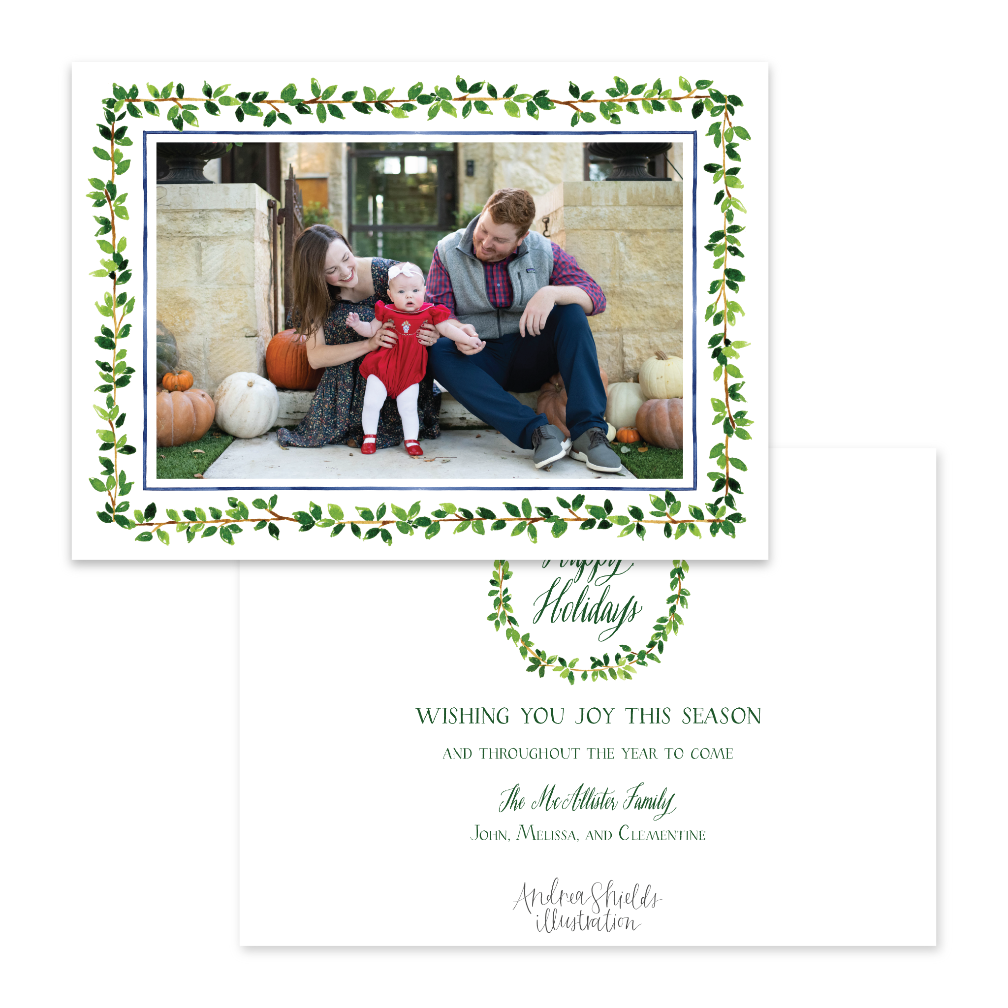 Leafy Green Holidays Border Horizontal | Holiday Photo Card