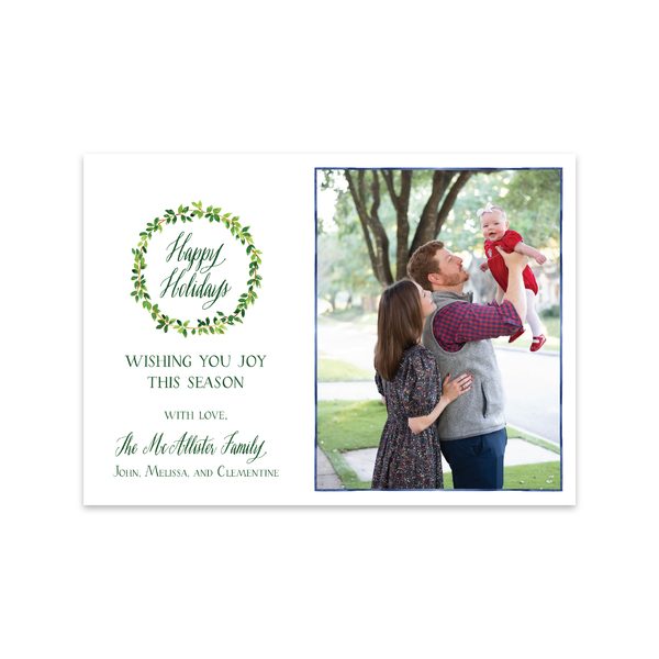 Leafy Green Holidays Wreath Horizontal | Holiday Photo Card