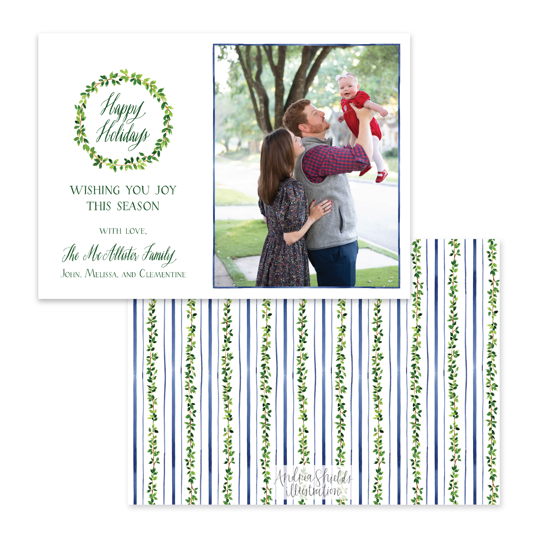 Leafy Green Holidays Wreath Horizontal | Holiday Photo Card