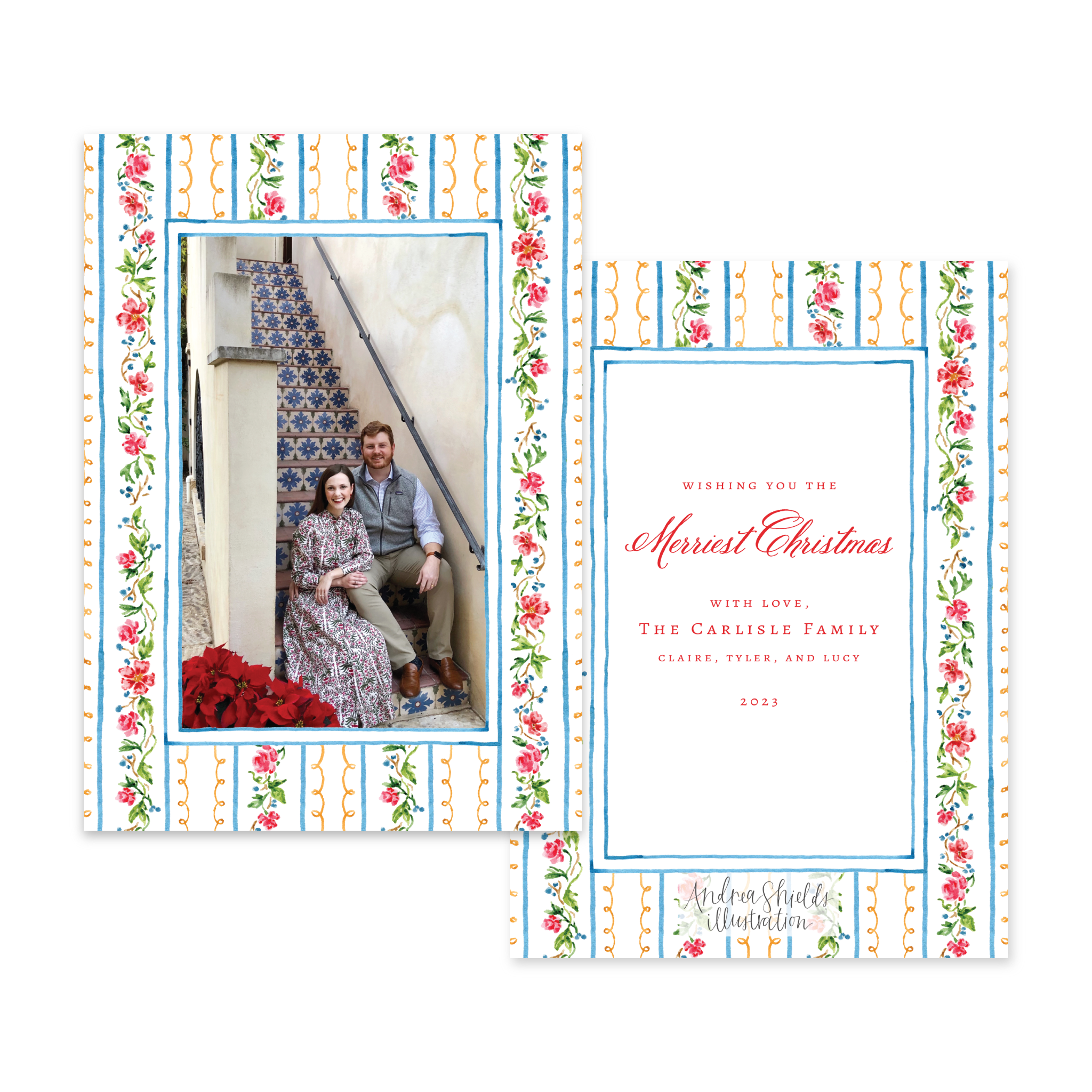 Vintage Floral Stripe Vertical | Holiday Photo Card